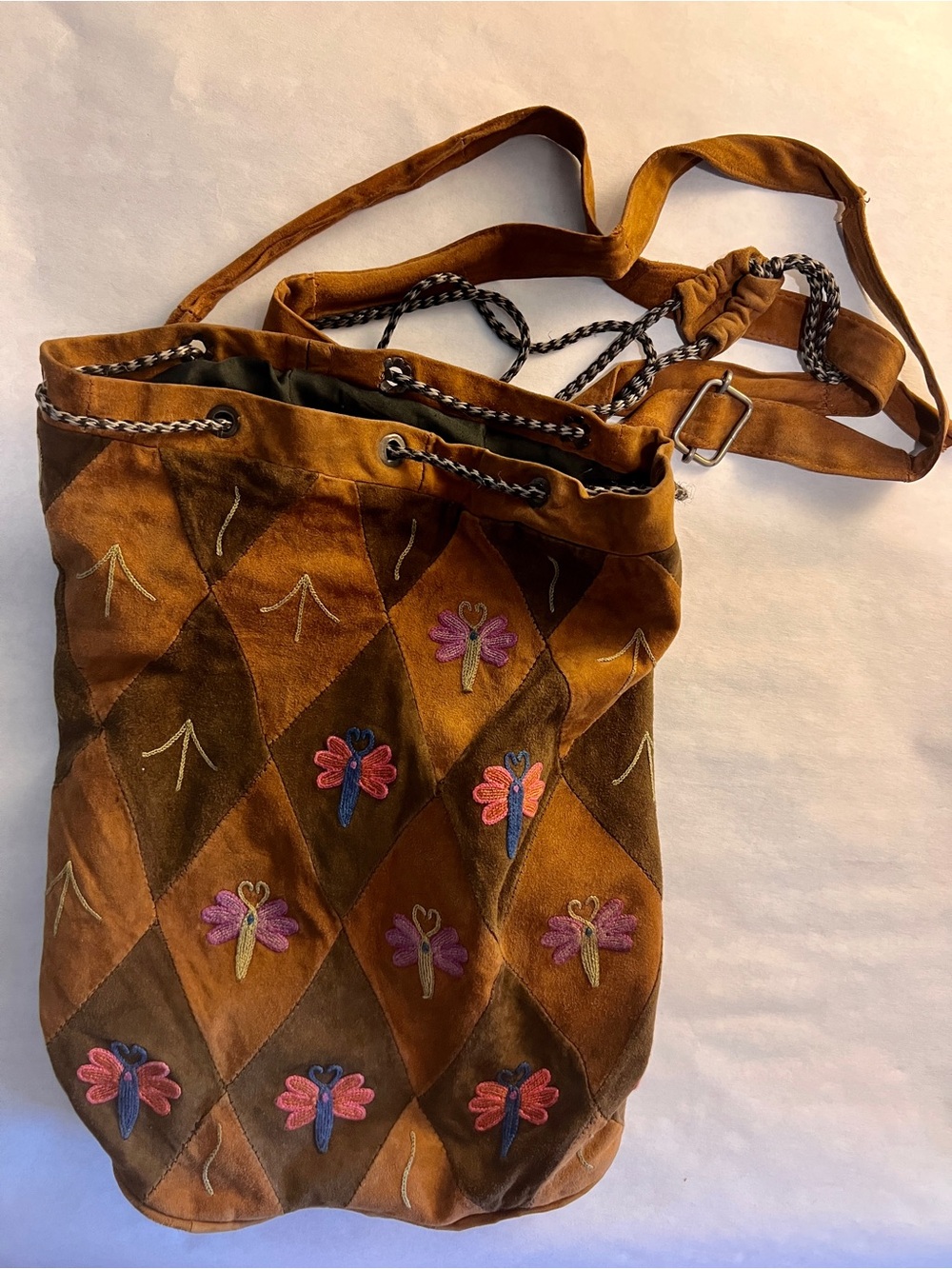 Vintage Boho Patchwork Suede Backpack Distressed Butterfly Embroidered As Is - Picture 2 of 10